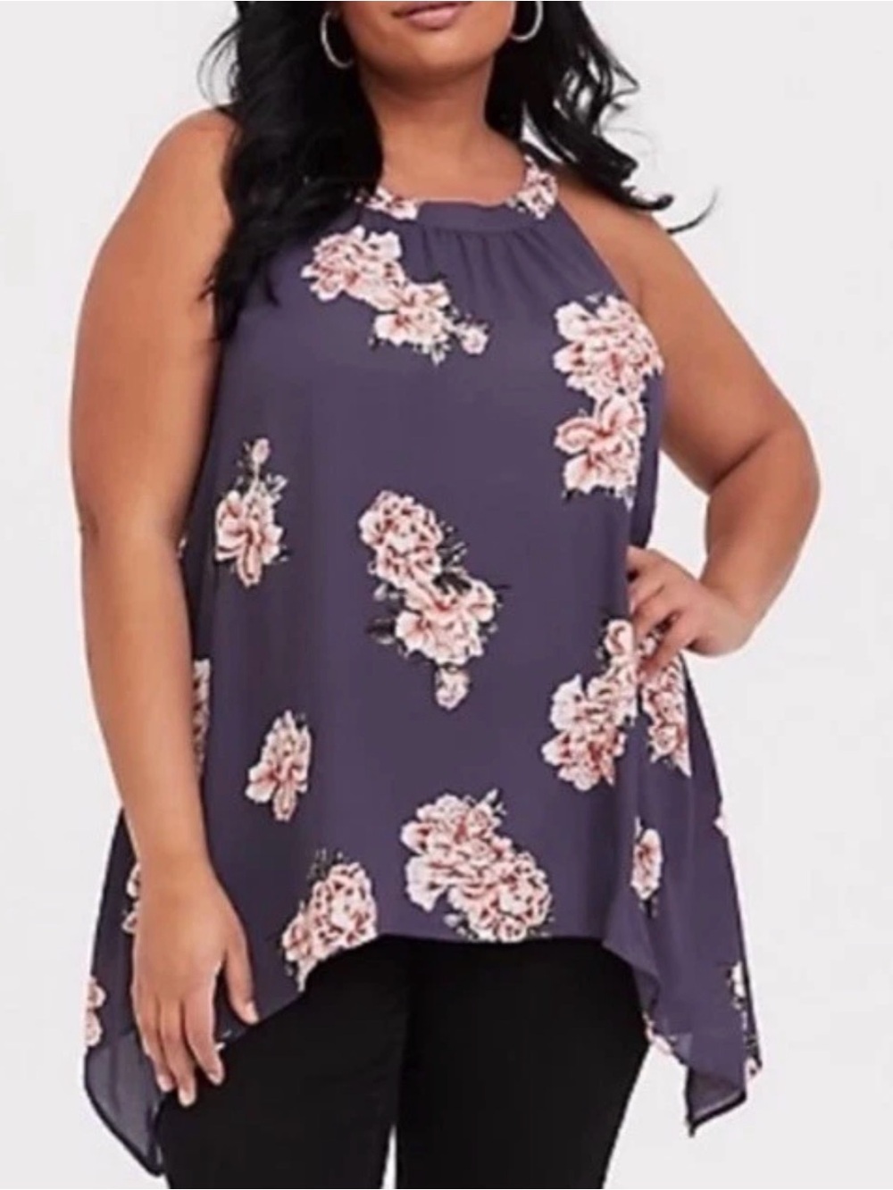 EUC Torrid Gray Floral High Neck Georgette Tank Top Shark Bite Style Hem Size 4X